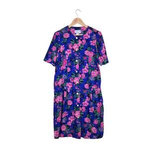Vintage Larisa Floral Dress Blue Pink Button Front Cottagecore Tea Party Boho